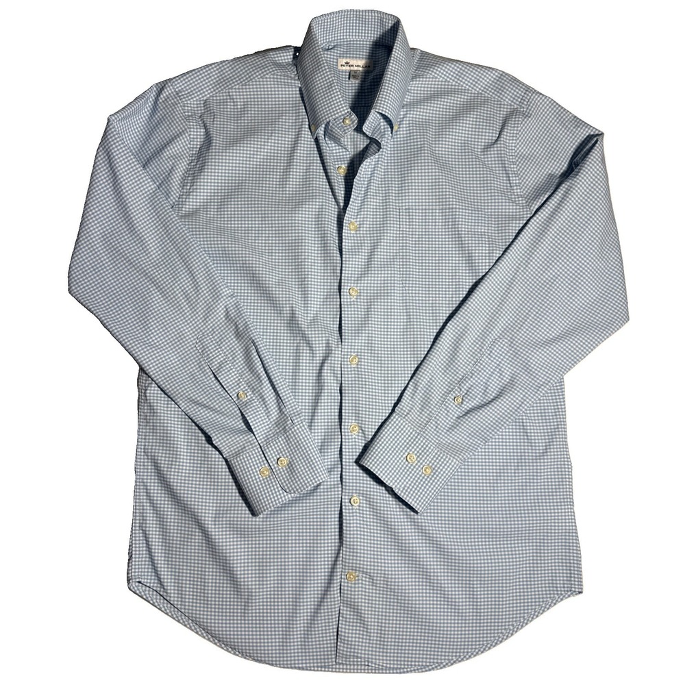 Peter Millar Blue Plaid Gingham Button Up Shirt Mens Size M Long Sleeve